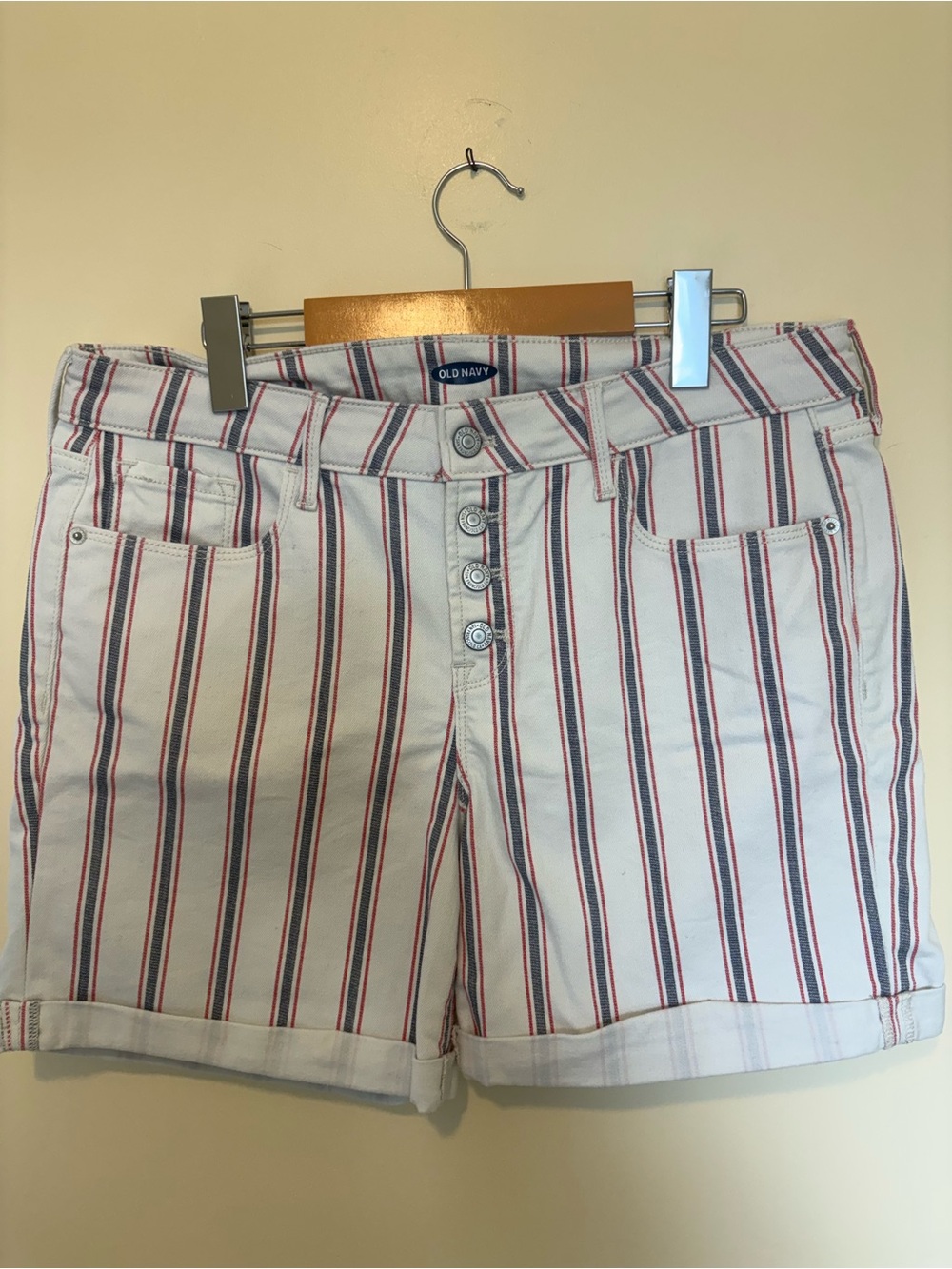 Old Navy White Shorts with Red and Navy Pinstripes